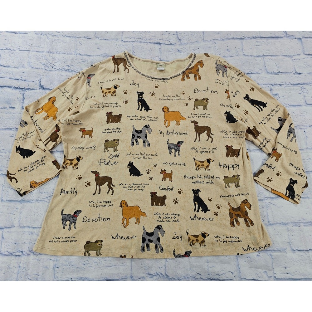 Jess Dog Print Graphic Top Womens 2X Tan Rhinestone 3/4 Sleeve Whimsical Puppy